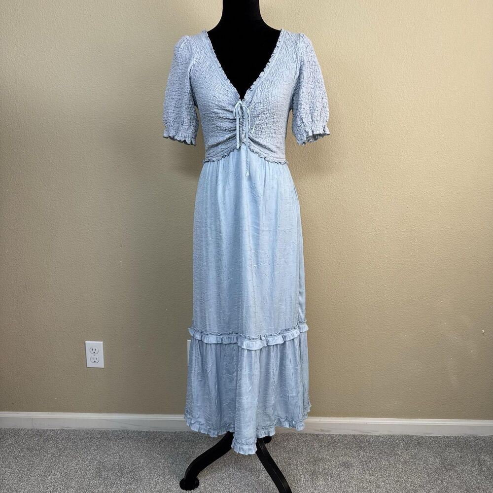 Urban Outfitters Dress Womens Small Blue Smocked Puff Sleeve Maxi Boho Cottage